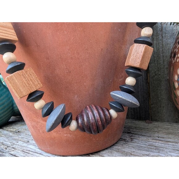 Vintage Wood Beaded Necklace: Earthtone Chunky Necklace - Picture 5 of 11